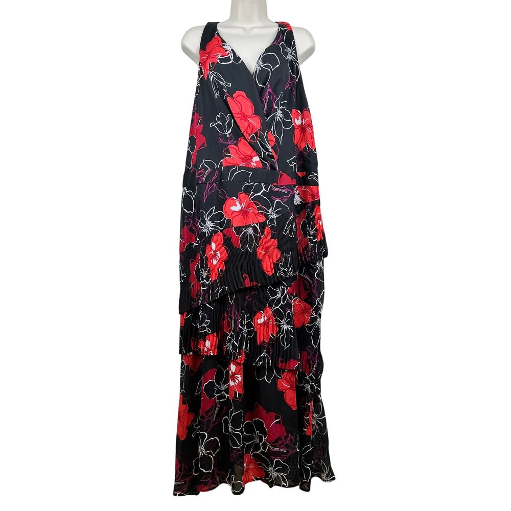 Marc Bouwer Unlimited Maxi Dress Tiered Floral Sleeveless Black Red 3X Event